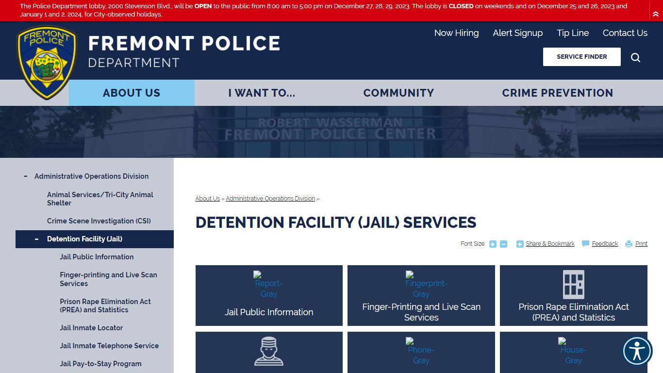 Detention Facility (Jail) Services | Fremont Police Department, CA